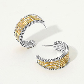 14K Gold Plated Two Tone Textured Hoop Earrings