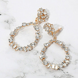 Bold Mixed Shaped Stone Cluster Embellished Open Teardrop Dangle Evening Clip On Earrings