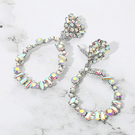 Bold Mixed Shaped Stone Cluster Embellished Open Teardrop Dangle Evening Clip On Earrings