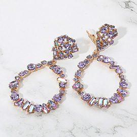 Bold Mixed Shaped Stone Cluster Embellished Open Teardrop Dangle Evening Clip On Earrings