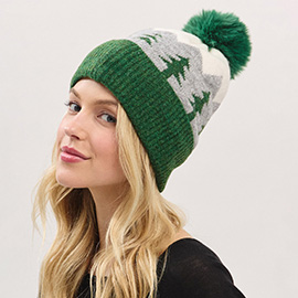 Holiday Pine Tree Pattern Fleeced Pom Pom Winter Beanie Hat