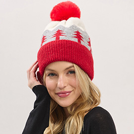 Holiday Pine Tree Pattern Fleeced Pom Pom Winter Beanie Hat