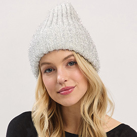Fuzzy Lurex Metallic Knit Winter Beanie Hat