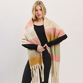 Oversized Multi Color Striped Soft Brushed Knit Fringe Scarf