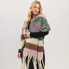 Oversized Multi Color Striped Soft Brushed Knit Fringe Scarf