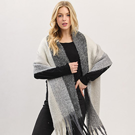 Oversized Solid Colorblock Soft Brushed Knit Fringe Scarf