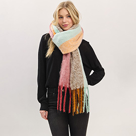 Oversized Solid Colorblock Soft Brushed Knit Fringe Scarf