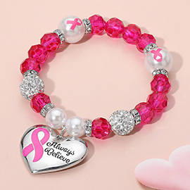 ALWAYS BELIEVE Pink Ribbon Heart Charm Pearl Shamballa Ball Beaded Stretch Bracelet