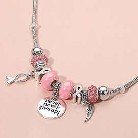 Never Give Up Disc Wing Pink Ribbon Charm Multi Beaded Necklace