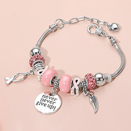 Never Give Up Disc Wing Pink Ribbon Charm Multi Beaded Bracelet