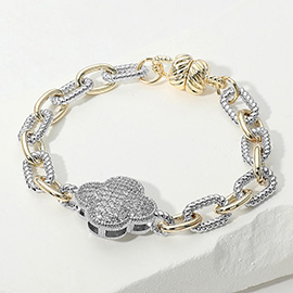14K Gold Plated CZ Stone Paved Quatrefoil Charm Accent Two Tone Chain Magnetic Bracelet