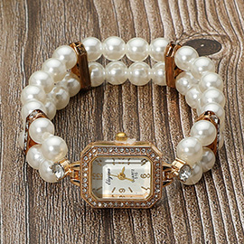 SECRET BOX_Stainless Steel Stone Paved Rim Rectangular Bezel Pearl Beaded Stretch Bracelet Watch