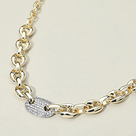 14K Gold Plated Two Tone CZ Stone Paved Mariner Link Chain Necaklce