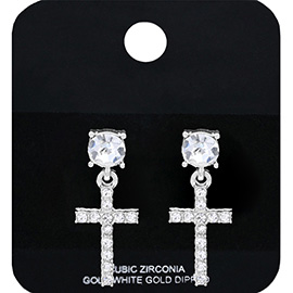 White Gold Dipped CZ Stone Embellished Cross Dangle Earrings