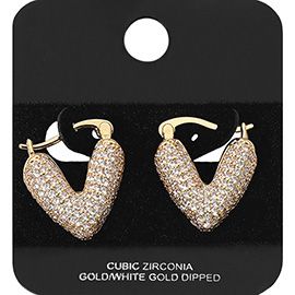 Gold Dipped CZ Stone Paved V Shaped Pin Catch Hoop Earrings