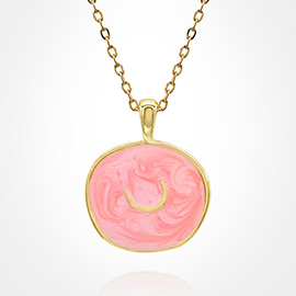 Stainless Steel Swirl Enamel Tilted Crescent Embossed Pendant Necklace