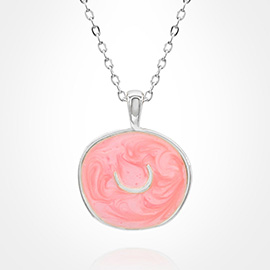 Stainless Steel Swirl Enamel Tilted Crescent Embossed Pendant Necklace