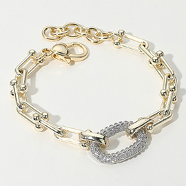 14K Gold Plated CZ Stone Paved Oval Link Accent Link Industrial Chain Bracelet