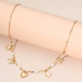 Heart Quatrefoil Bow Cross Religious Medallion Charm Station Pearl Beaded Necklace