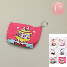 12PCS - Fun Monster Bunny Character Printed Mini Keychain Pouch Bags Coin Purses