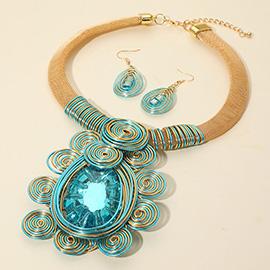 Bold Teardrop Stone Centered Metal Swirl Embellished Statement Necklace