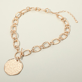 Textured Disc Pendant Chunky Link Chain Necklace