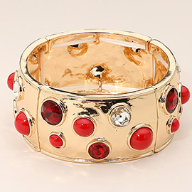 Gemstone Studded Wide Bangle Statement Stretch Bracelet