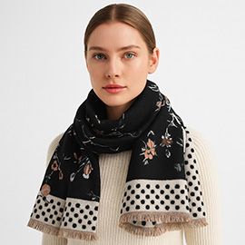 Floral Polka Dot Bordered Fringe Oblong Scarf