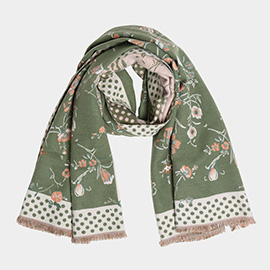 Floral Polka Dot Bordered Fringe Oblong Scarf
