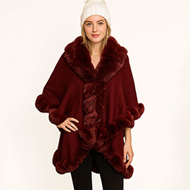 Elegant Faux Fur Trim Cape Poncho