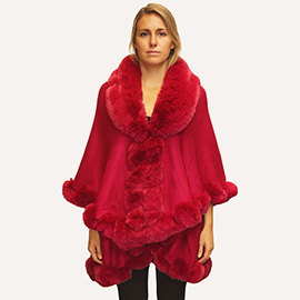 Elegant Faux Fur Trim Cape Poncho