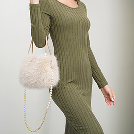 Fuzzy Faux Fur Pearl Strap Handbag Crossbody Bag