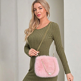 Fuzzy Faux Fur Pearl Strap Handbag Crossbody Bag