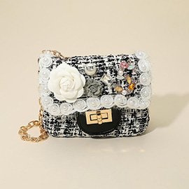 Floral Pearl Stone Cluster Embellished Tweed Mini Handbag Crossbody Bag