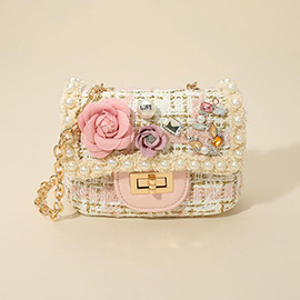 Floral Pearl Stone Cluster Embellished Tweed Mini Handbag Crossbody Bag