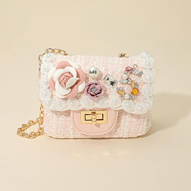 Floral Pearl Stone Cluster Embellished Tweed Mini Handbag Crossbody Bag