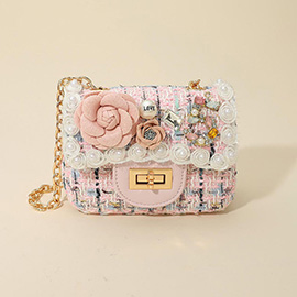 Floral Pearl Stone Cluster Embellished Tweed Mini Handbag Crossbody Bag