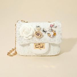 Floral Pearl Stone Cluster Embellished Tweed Mini Handbag Crossbody Bag