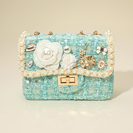 Floral Pearl Stone Cluster Leaf Embellished Tweed Handbag Crossbody Bag