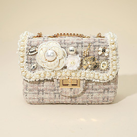 Floral Pearl Stone Cluster Leaf Embellished Tweed Handbag Crossbody Bag