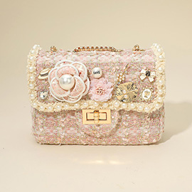 Floral Pearl Stone Cluster Leaf Embellished Tweed Handbag Crossbody Bag