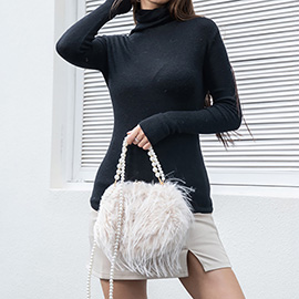 Pearl Handle Chain Faux Fur Handbag Shoulder Bag Crossbody Bag