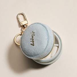 HAPPY Embroidered Round Shaped Travel Jewelry Case Keychain Bag Charm