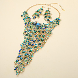 Glamorous Rhinestone Cluster Embellished Peacock Statement Evening Necklace