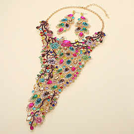Glamorous Rhinestone Cluster Embellished Peacock Statement Evening Necklace