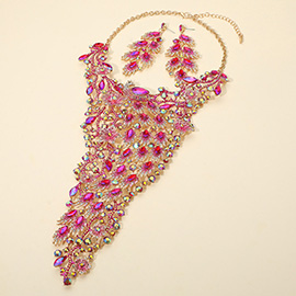 Glamorous Rhinestone Cluster Embellished Peacock Statement Evening Necklace