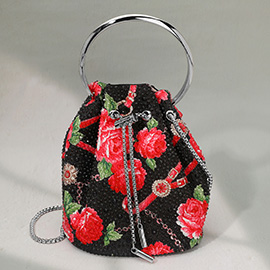 Bling Studded Floral Pattern Bucket Bag Handbag Crossbody Bag