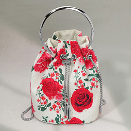 Bling Studded Floral Pattern Bucket Bag Handbag Crossbody Bag