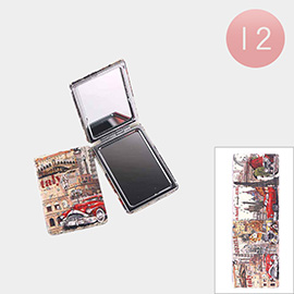 12PCS - Glittered Vintage Travel Inspired Printed Cosmetic Mirrors
