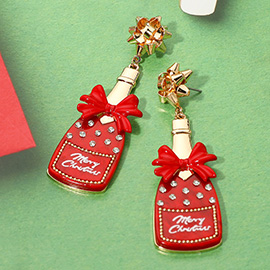 Bow Accent Christmas Champagne Bottle Dangle Earrings